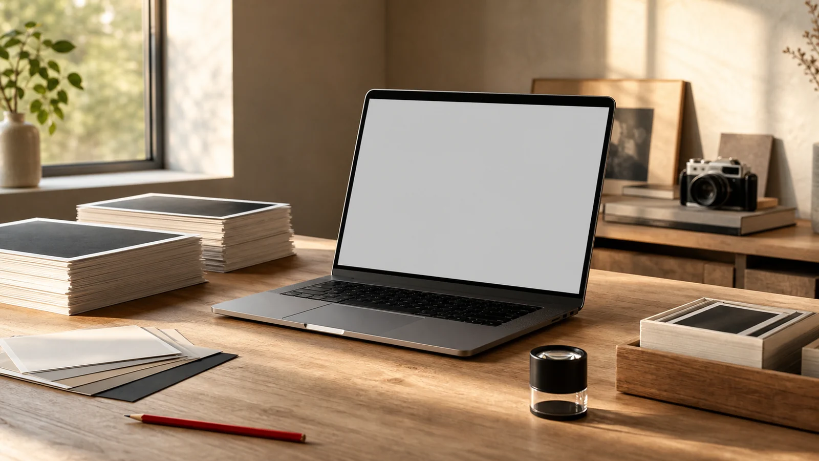 A calm workbench with a laptop, stacked photo prints, a loupe and paper swatches in warm window light