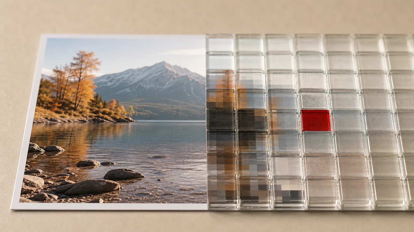 A printed image half covered by translucent mosaic tiles that pixelate the picture beneath