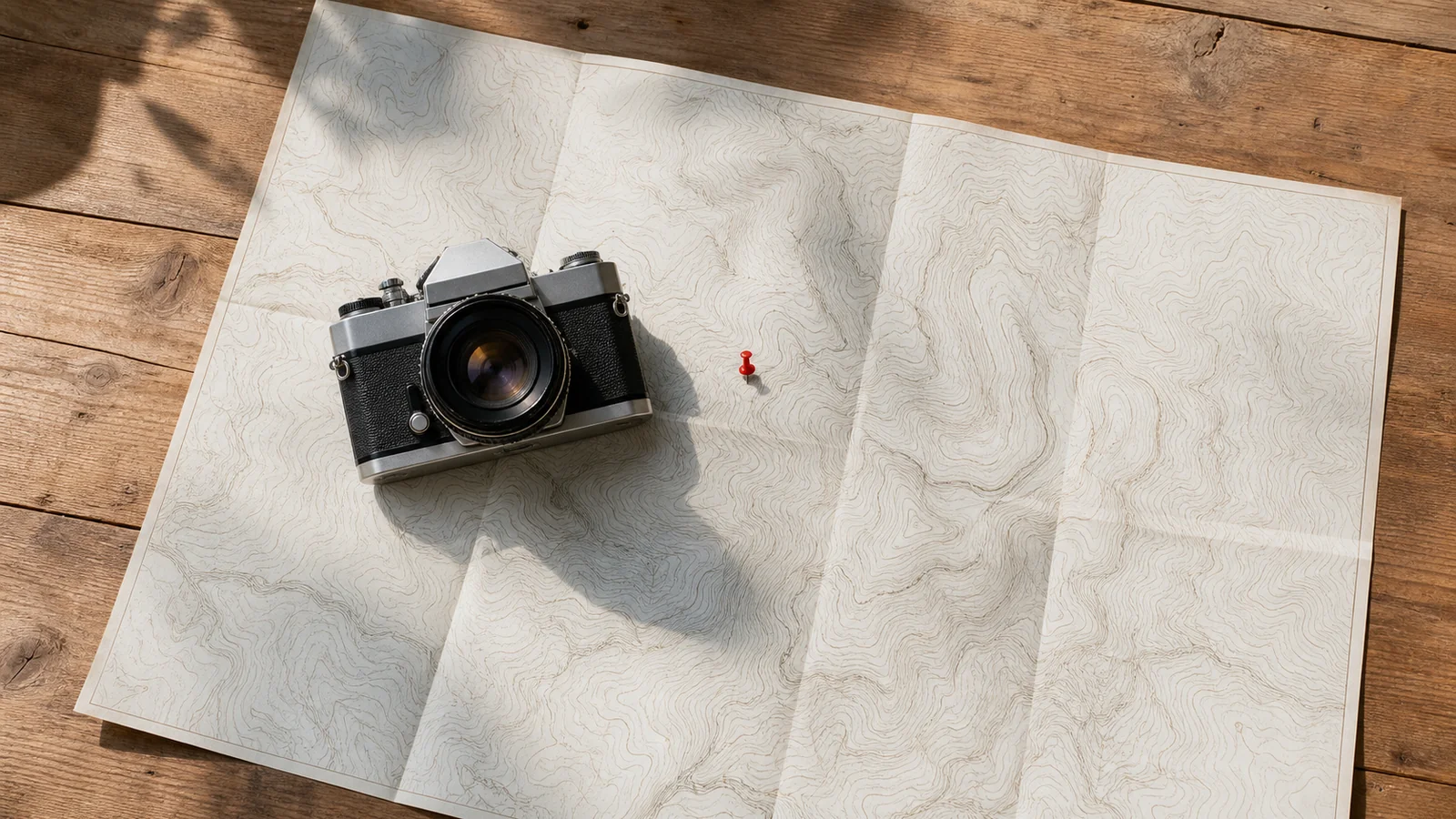 A film camera lying on an unfolded contour map next to a red pushpin