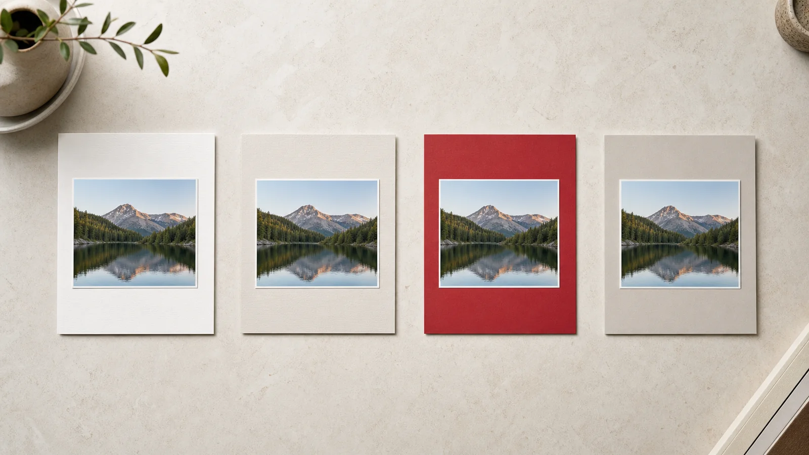Four identical photo prints on differently colored paper mats, compared side by side