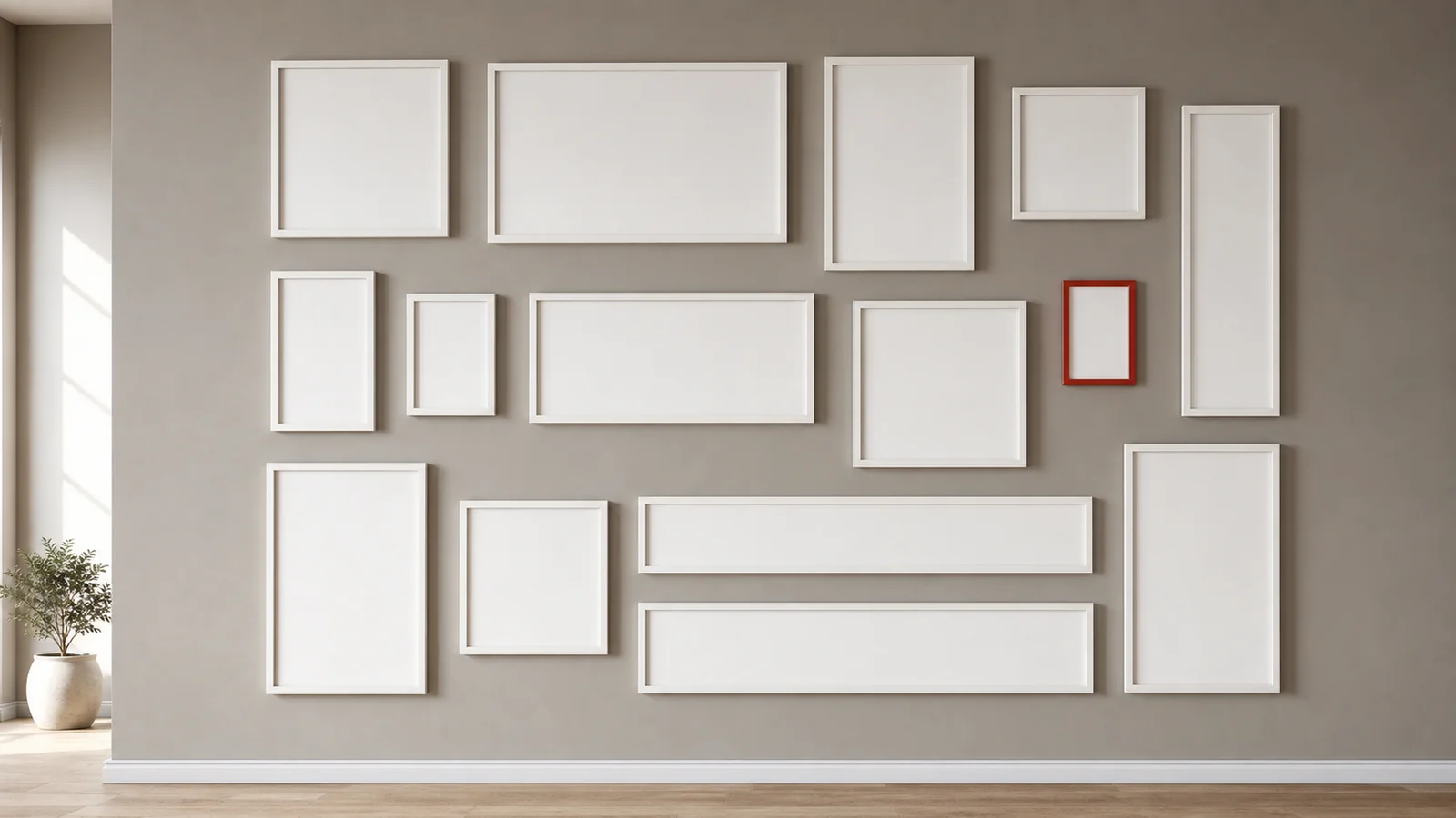 Empty picture frames of different aspect ratios arranged on a wall, one red frame among them
