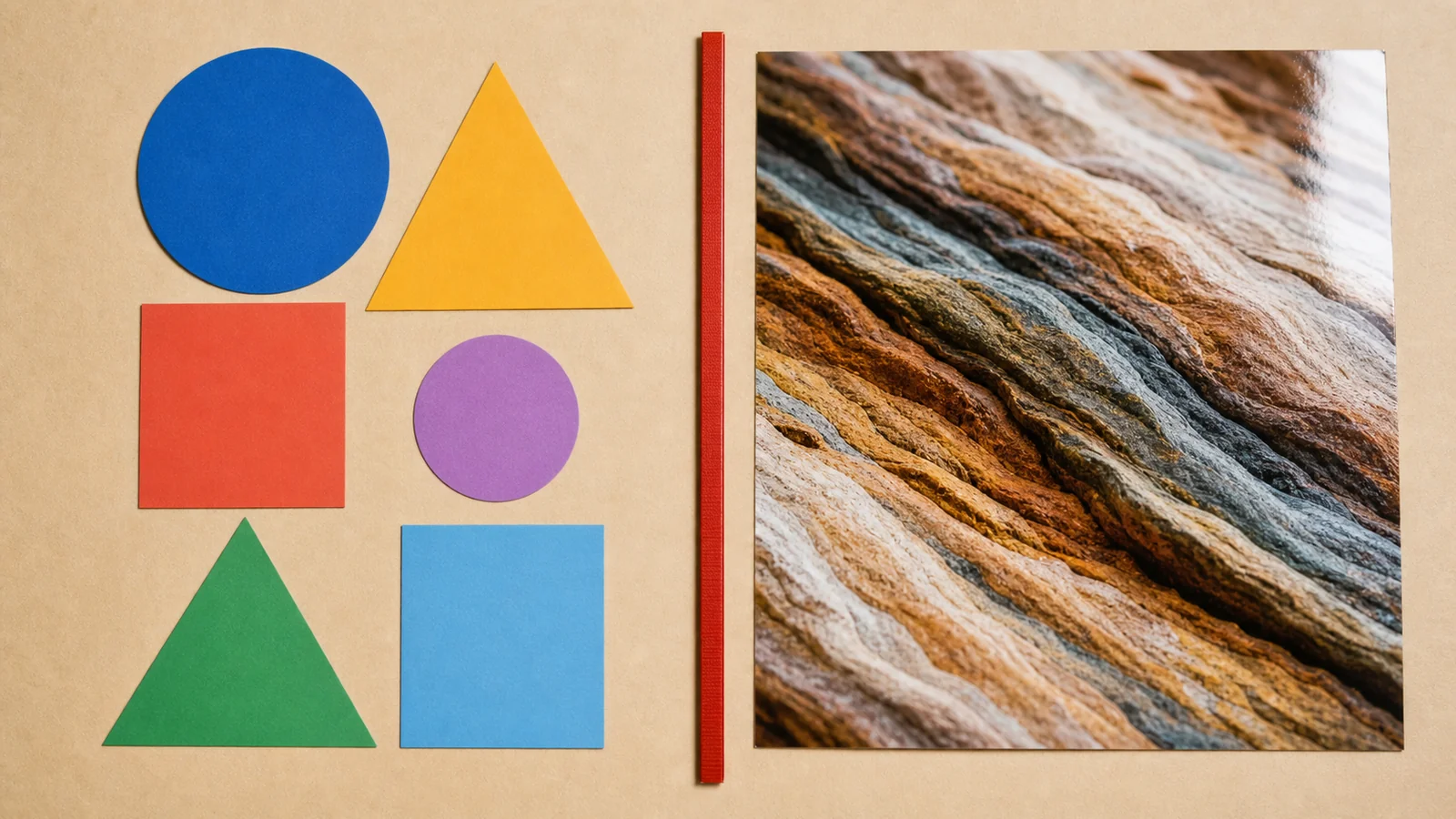 Flat geometric paper cut-outs beside a glossy photographic print, divided by a thin red ruler