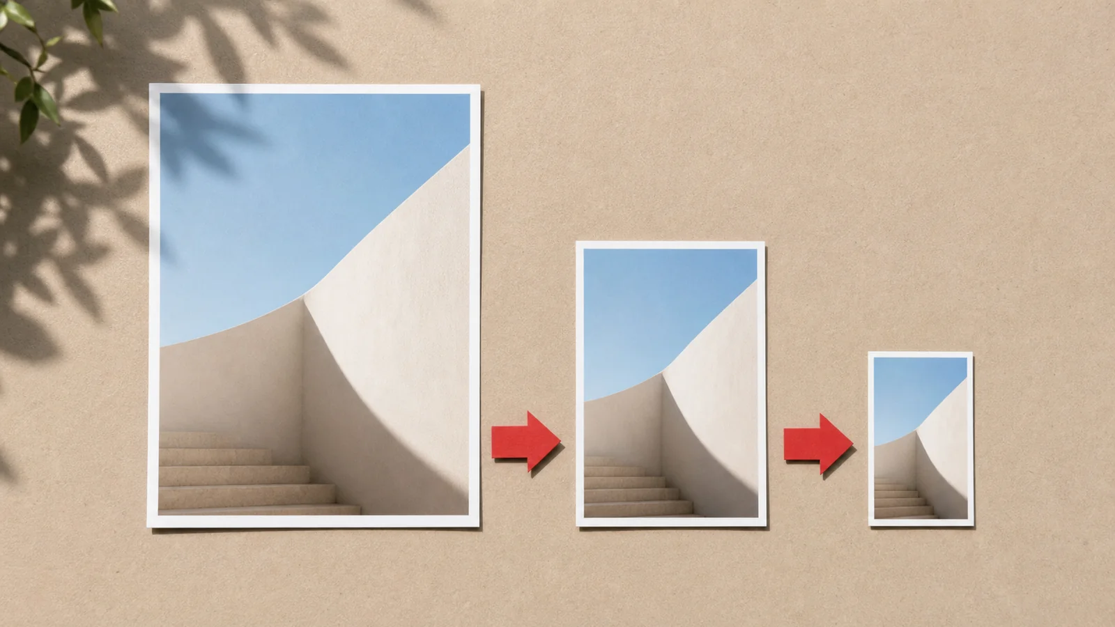 Three photo prints of decreasing size arranged left to right with a red paper arrow between them