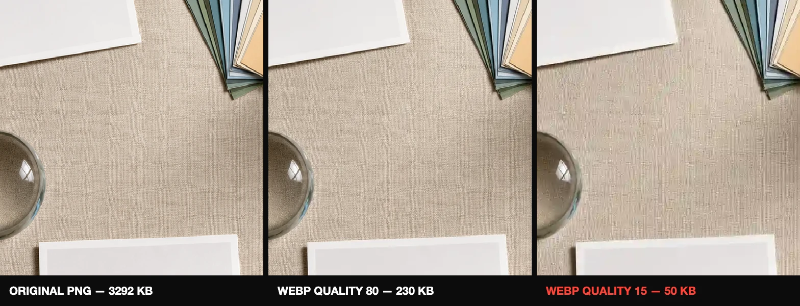 Zoomed comparison of one image as lossless original, WebP quality 80 and WebP quality 15