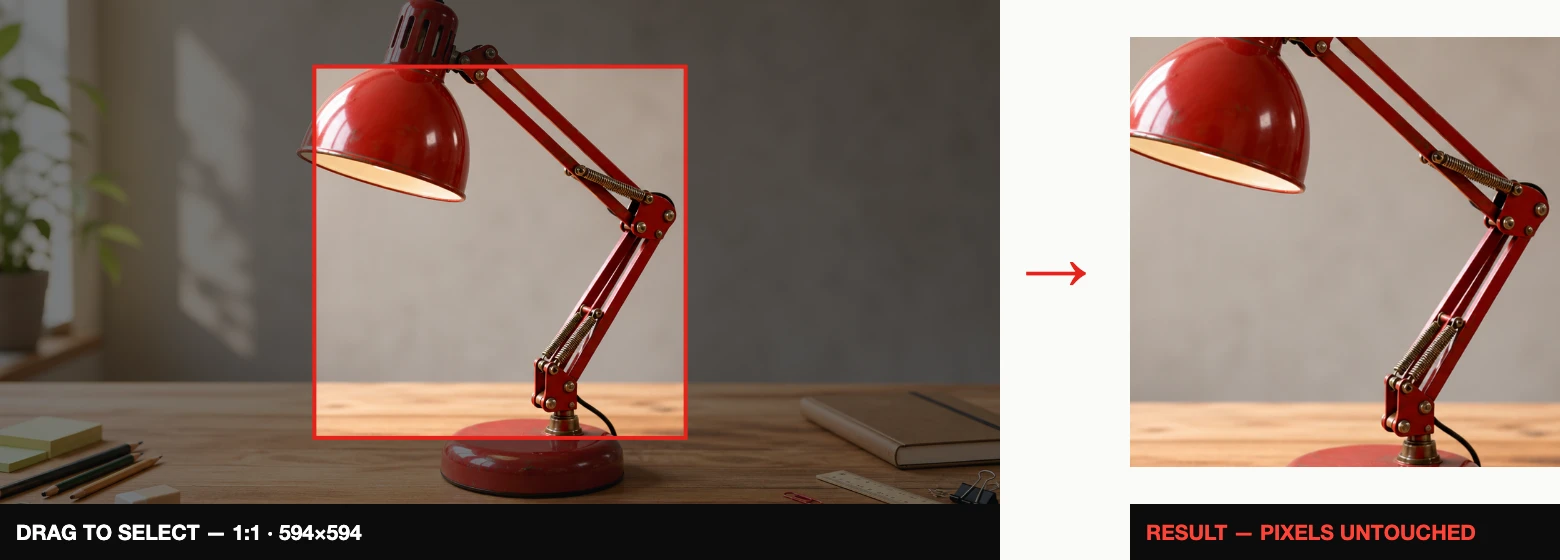 Left: image with a red square selection overlay and dimmed surroundings. Right: the resulting 1:1 crop.